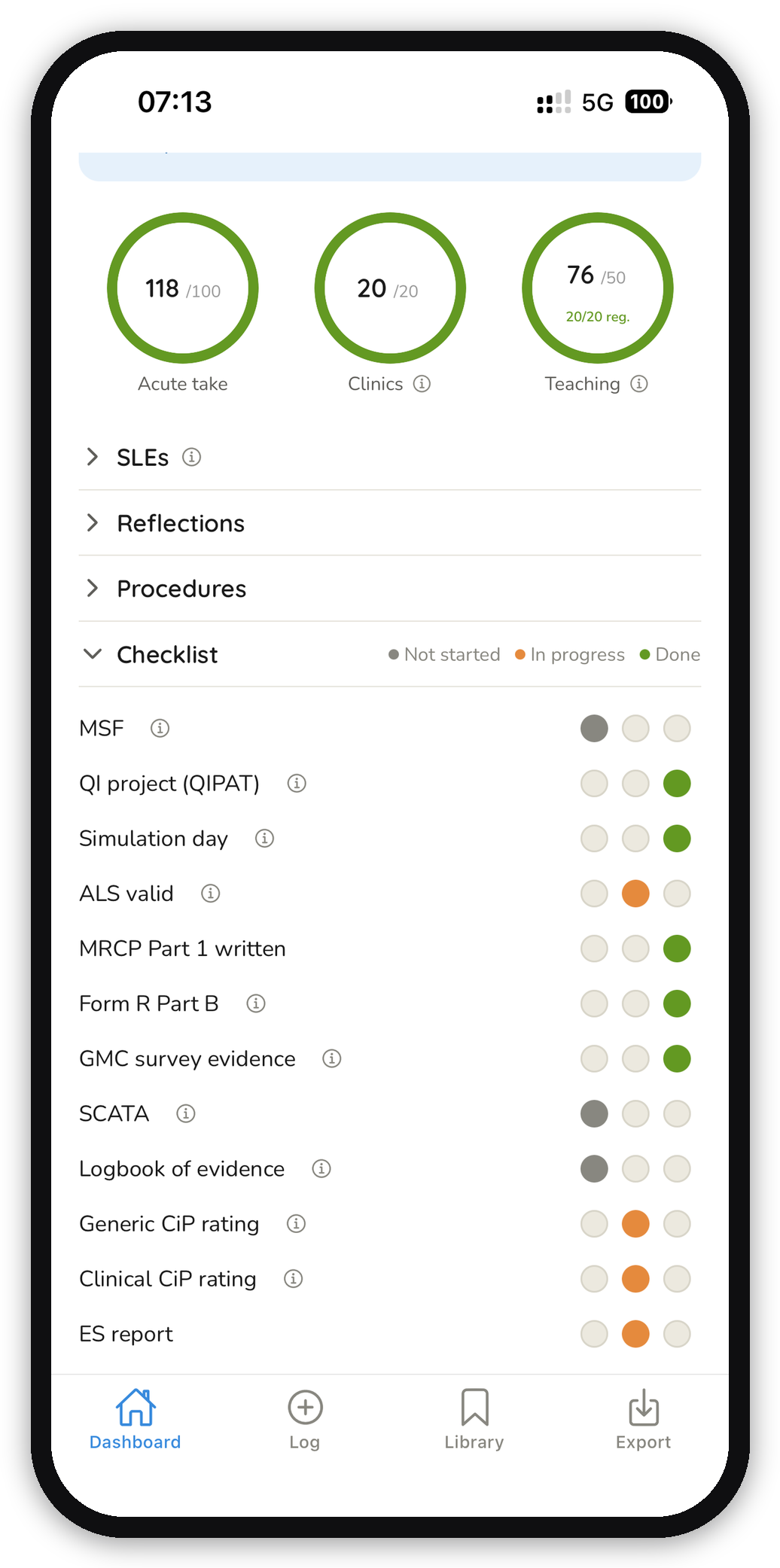 Checklist screen showing every ARCP requirement tracked with status dots
