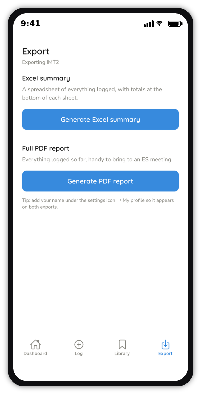 Export screen with buttons to generate an Excel summary or PDF report