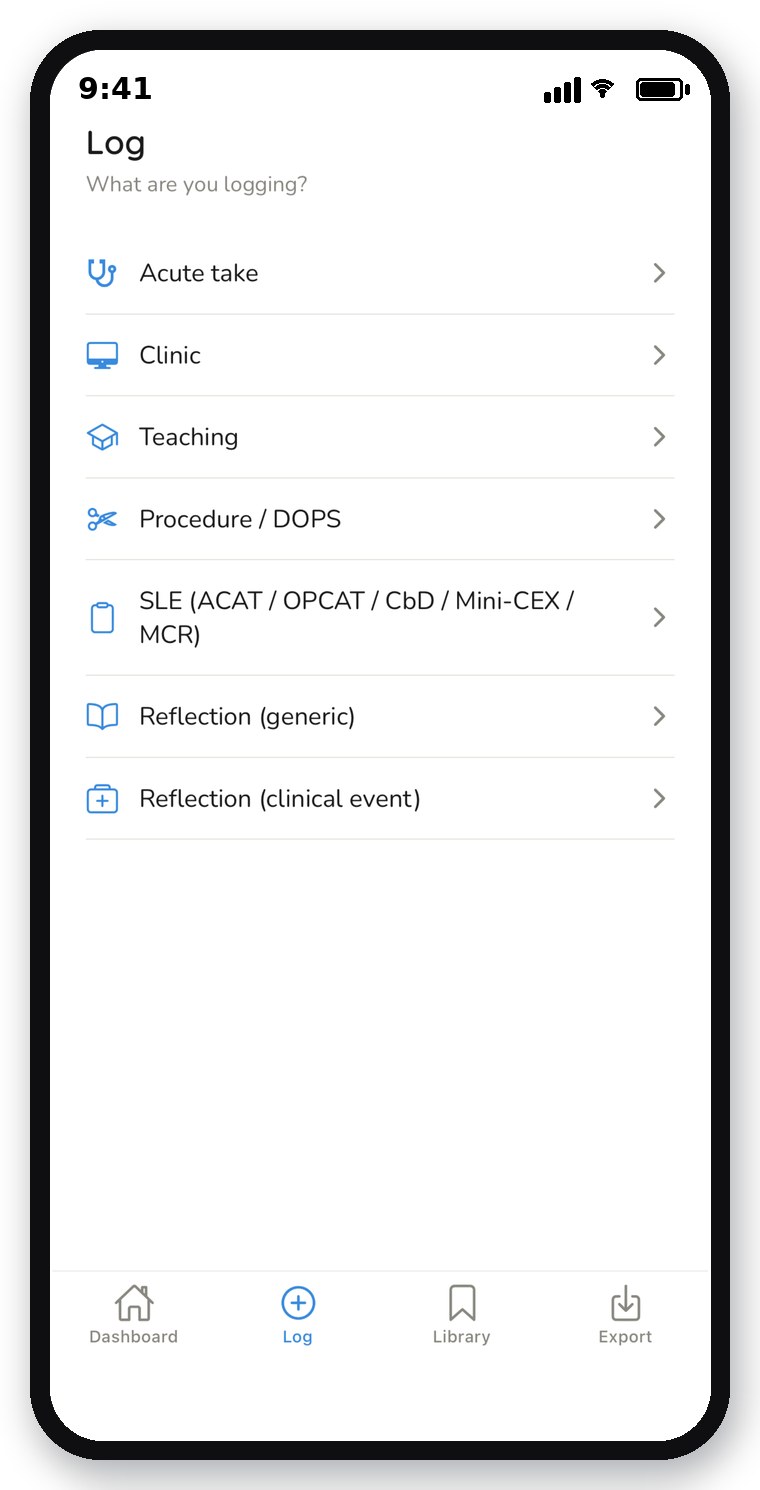 Log screen showing entry types: Acute take, Clinic, Teaching, Procedure, SLE, Reflection